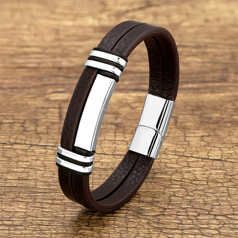 Buddha Stones Brown Leather Titanium Steel Buckle Balance Bracelet - Silver - 18-22cm - image 8