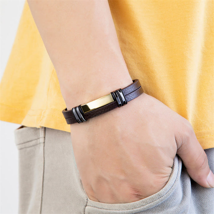 Buddha Stones Brown Leather Titanium Steel Buckle Balance Bracelet - image 3