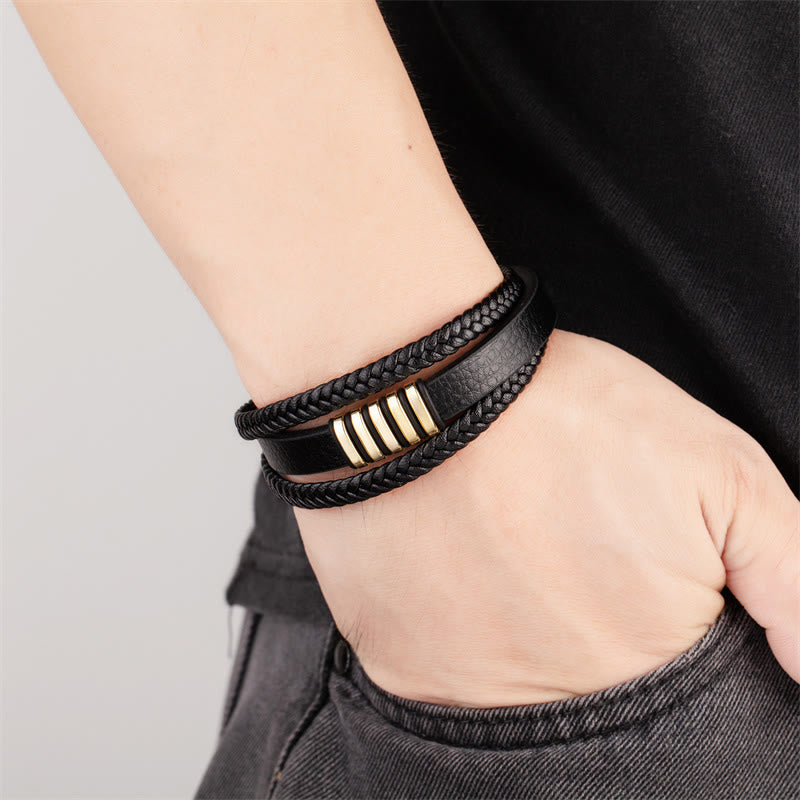 Buddha Stones Multi-layer Leather Rope Titanium Steel Buckle Balance Bracelet - image 1