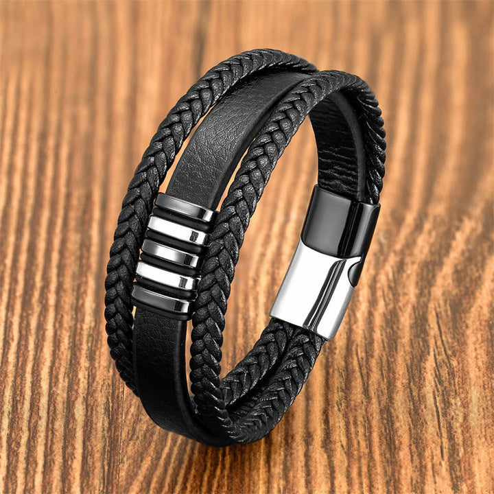Buddha Stones Multi-layer Leather Rope Titanium Steel Buckle Balance Bracelet - Black Silver - 18-22cm - image 6