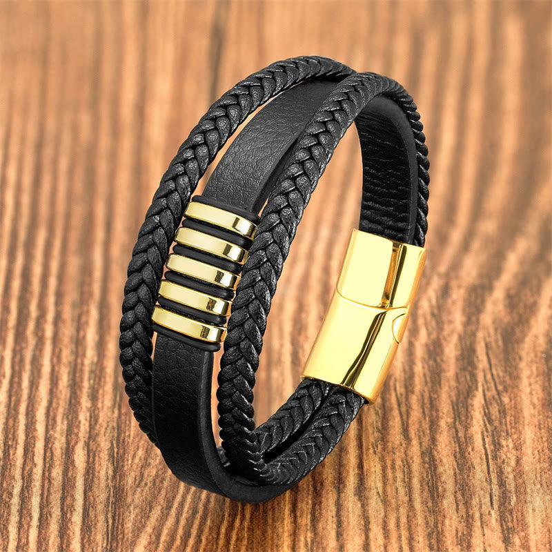 Buddha Stones Multi-layer Leather Rope Titanium Steel Buckle Balance Bracelet - Gold - 18-22cm - image 0