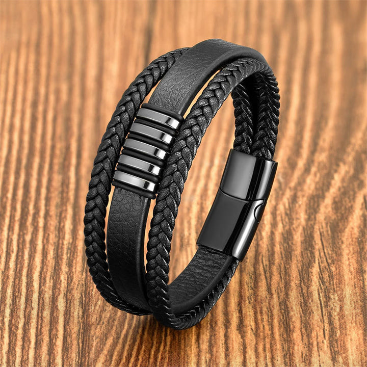 Buddha Stones Multi-layer Leather Rope Titanium Steel Buckle Balance Bracelet - Black - 18-22cm - image 7