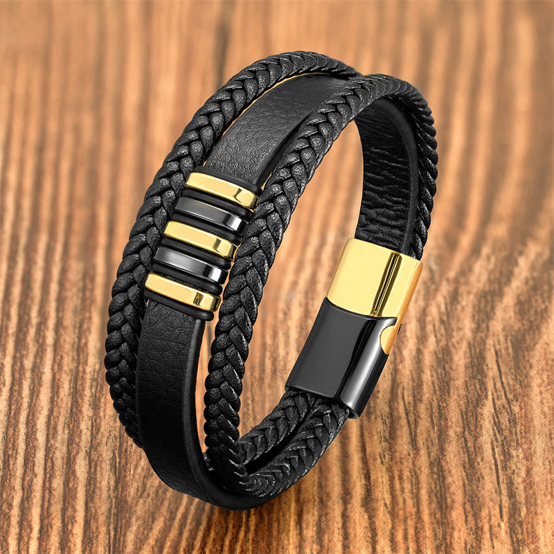 Buddha Stones Multi-layer Leather Rope Titanium Steel Buckle Balance Bracelet - Gold Black - 18-22cm - image 2