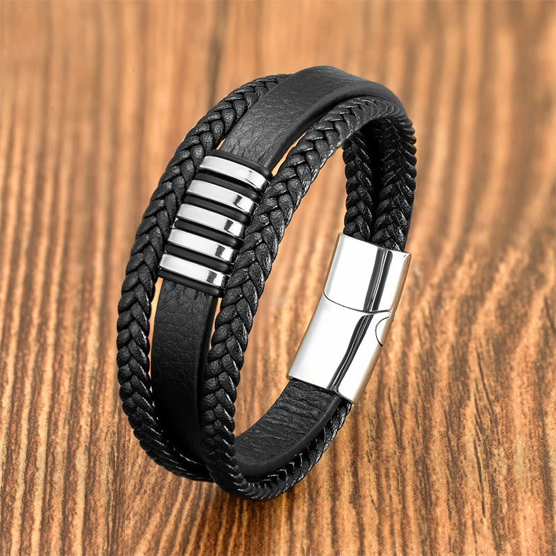 Buddha Stones Multi-layer Leather Rope Titanium Steel Buckle Balance Bracelet - Silver - 18-22cm - image 9