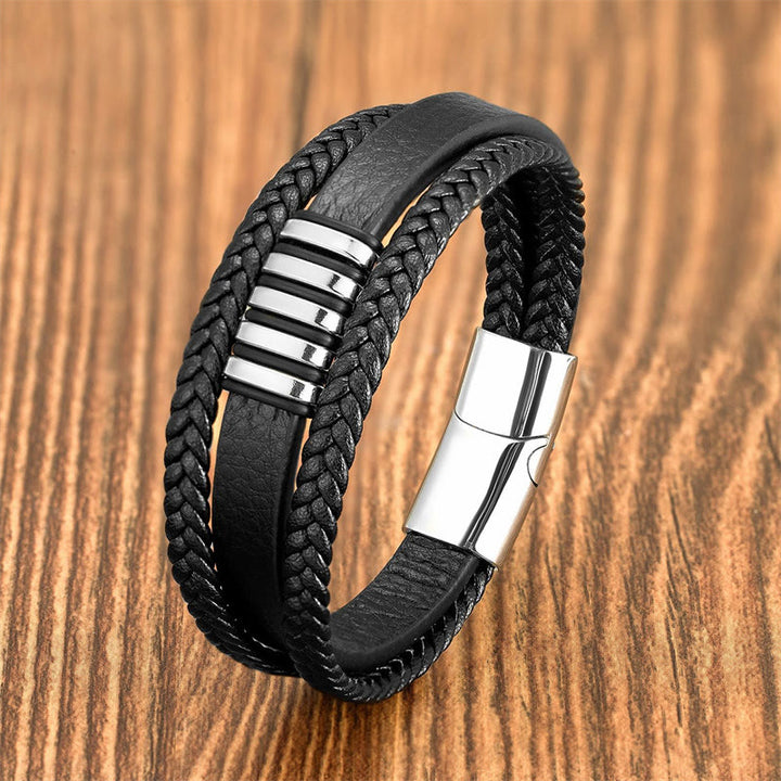 Buddha Stones Multi-layer Leather Rope Titanium Steel Buckle Balance Bracelet - Silver - 18-22cm - image 9
