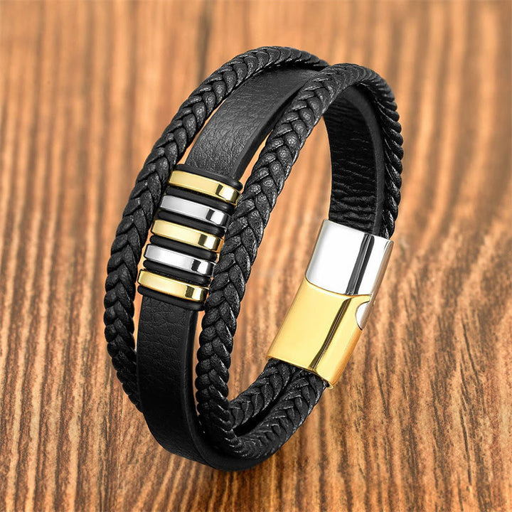 Buddha Stones Multi-layer Leather Rope Titanium Steel Buckle Balance Bracelet - Silver Gold - 18-22cm - image 3