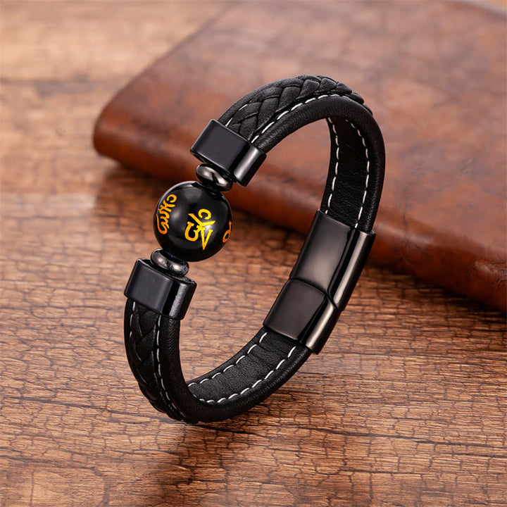 Buddha Stones Lazurite Lapis Lazuli Black Onyx Tiger Eye Lava Rock Om Mani Padme Hum Serenity Leather Bracelet - Black Onyx Om Mani Padme Hum - 18-22cm - image 9