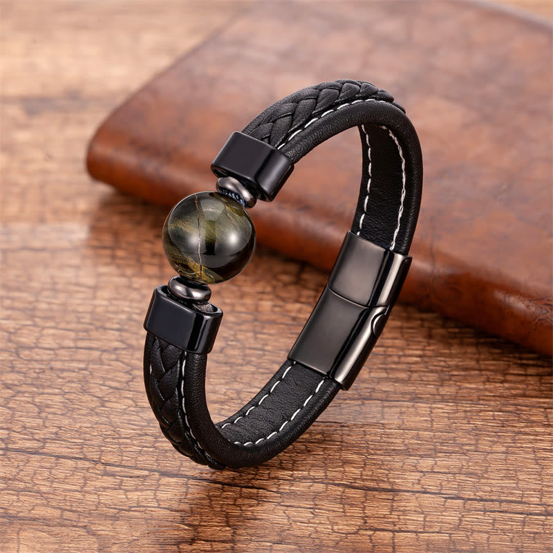Buddha Stones Lazurite Lapis Lazuli Black Onyx Tiger Eye Lava Rock Om Mani Padme Hum Serenity Leather Bracelet - Tiger Eye - 18-22cm - image 5