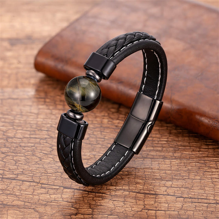 Buddha Stones Lazurite Lapis Lazuli Black Onyx Tiger Eye Lava Rock Om Mani Padme Hum Serenity Leather Bracelet - Tiger Eye - 18-22cm - image 5