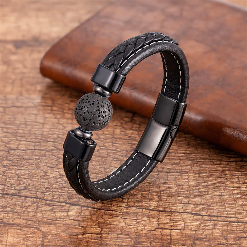 Buddha Stones Lazurite Black Onyx Tiger Eye Lava Rock Om Mani Padme Hum Serenity Leather Bracelet - Lava Rock - 18-22cm - image 7