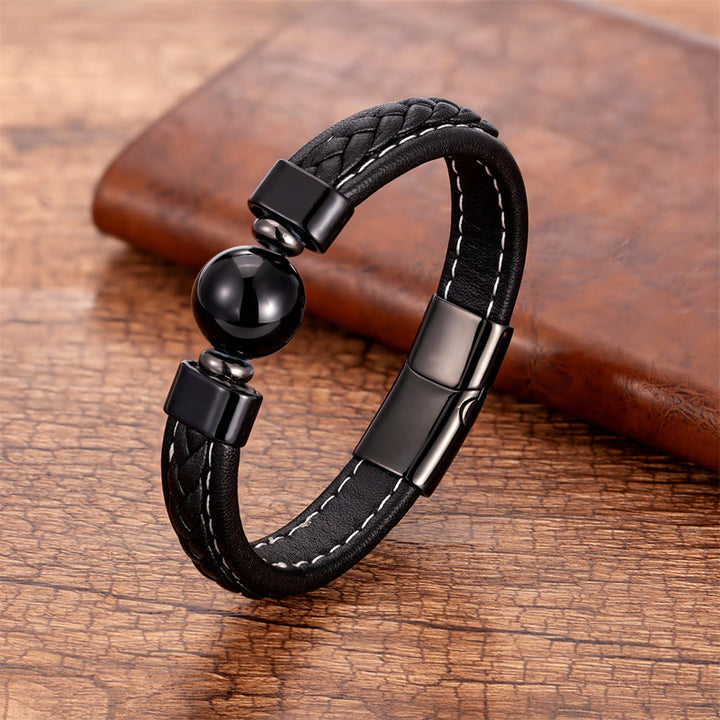 Buddha Stones Lazurite Black Onyx Tiger Eye Lava Rock Om Mani Padme Hum Serenity Leather Bracelet - Black Onyx - 18-22cm - image 2