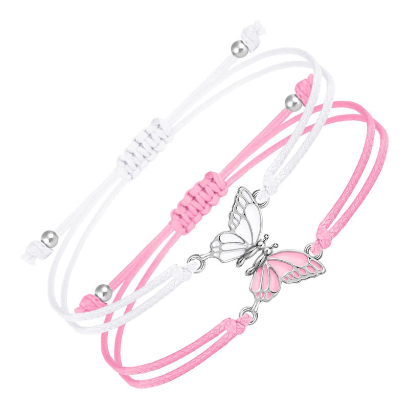 Buddha Stones 2Pcs Handmade Braided Rope Butterfly Freedom Bracelet - White And Pink(Wrist Circumference 14-27cm) - image 3