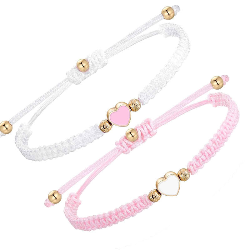 Buddha Stones 2Pcs Handmade Braided Rope Love Heart Luck Couple Bracelet - Pink And White(Wrist Circumference 14-27cm) - image 3
