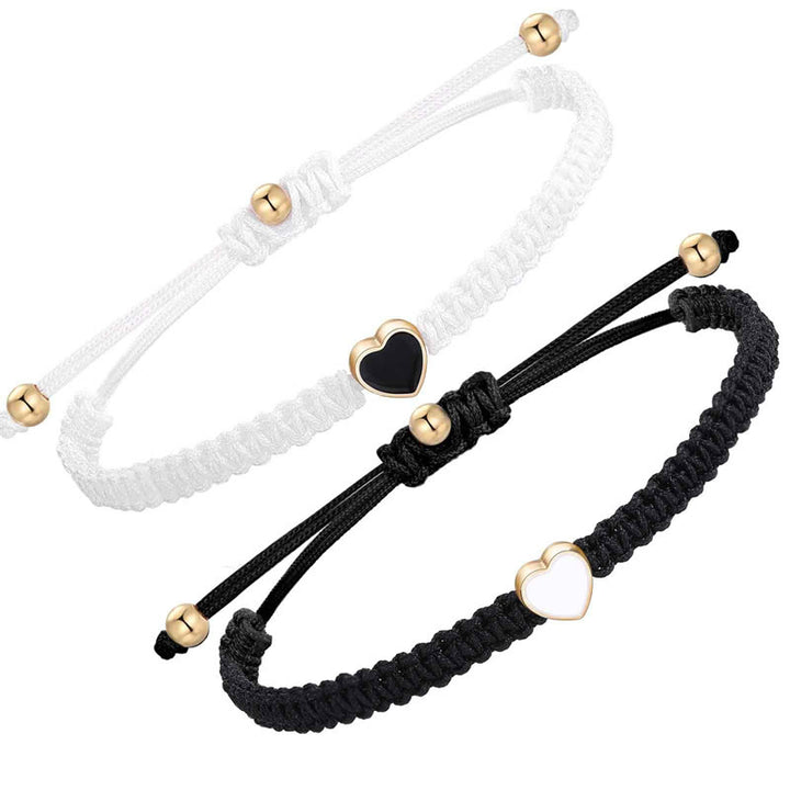 Buddha Stones 2Pcs Handmade Braided Rope Love Heart Luck Couple Bracelet - Black And White(Wrist Circumference 14-27cm) - image 2