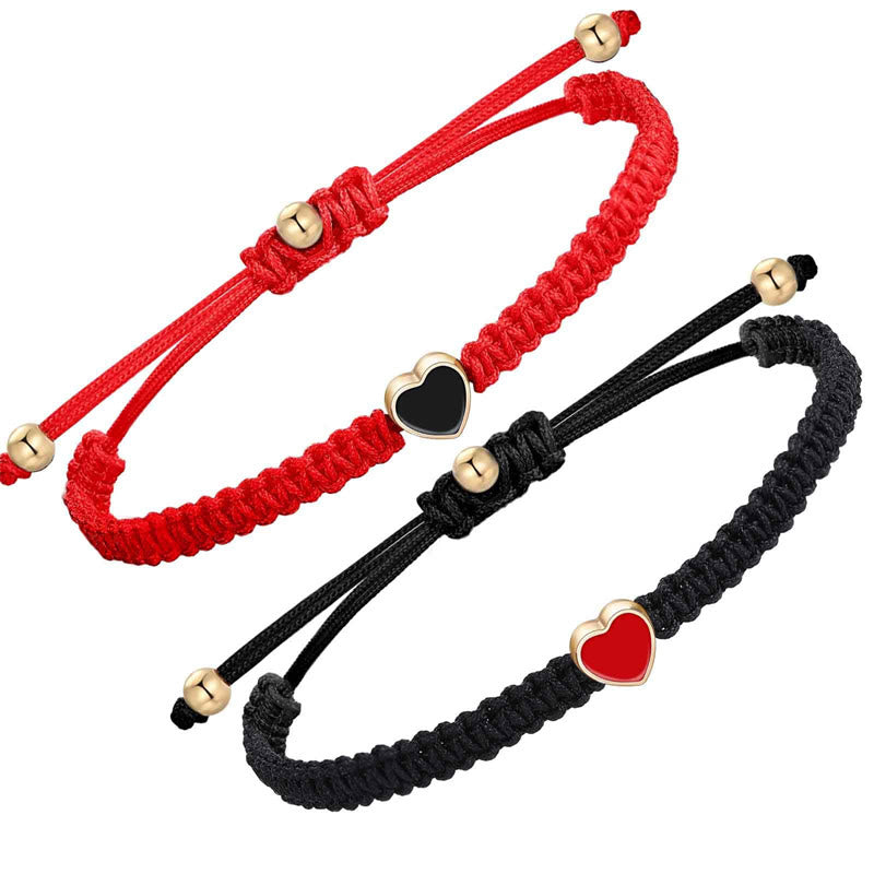 Buddha Stones 2Pcs Handmade Braided Rope Love Heart Luck Couple Bracelet - Red And Black(Wrist Circumference 14-27cm) - image 0