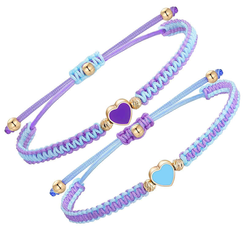 Buddha Stones 2Pcs Handmade Braided Rope Love Heart Luck Couple Bracelet - Blue And Purple(Wrist Circumference 14-27cm) - image 1