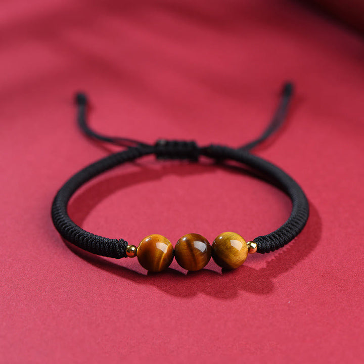 Buddha Stones Handmade Tiger Eye Bead Luck Protection Rope Bracelet - Black Rope - 8mm Three Beads - 18-19cm - image 15