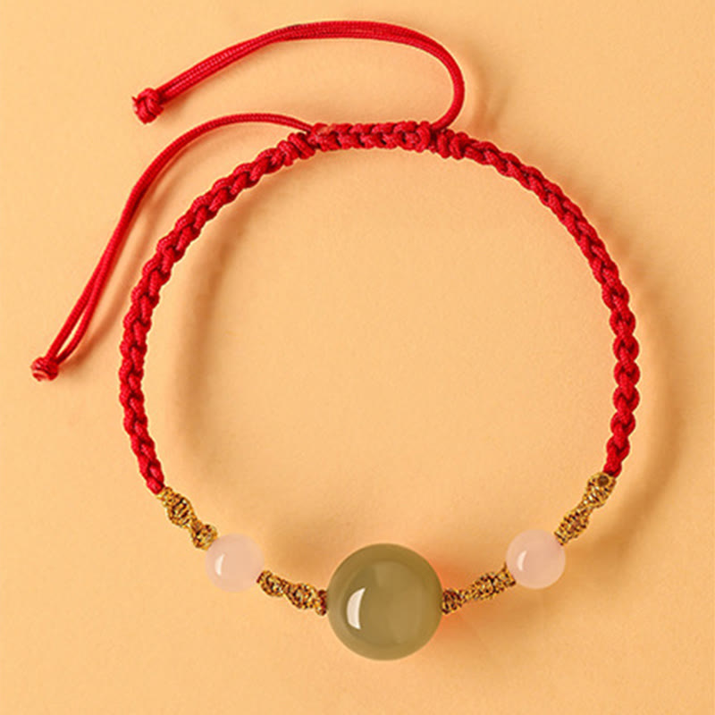 Buddha Stones Hetian Jade Black Onyx Red Agate Bead Luck Braided Bracelet - Red Rope&Hetian Jade(Wrist Circumference 14-15cm) - image 0