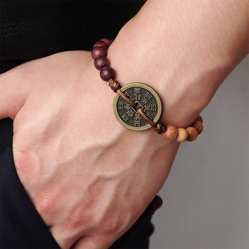 Buddha Stones Ebony Wood Wenge Wood Mountain Ghosts Spend Money Bagua Copper Coin Peace Bracelet - Brown Rope(Wrist Circumference 16-30cm) - image 8