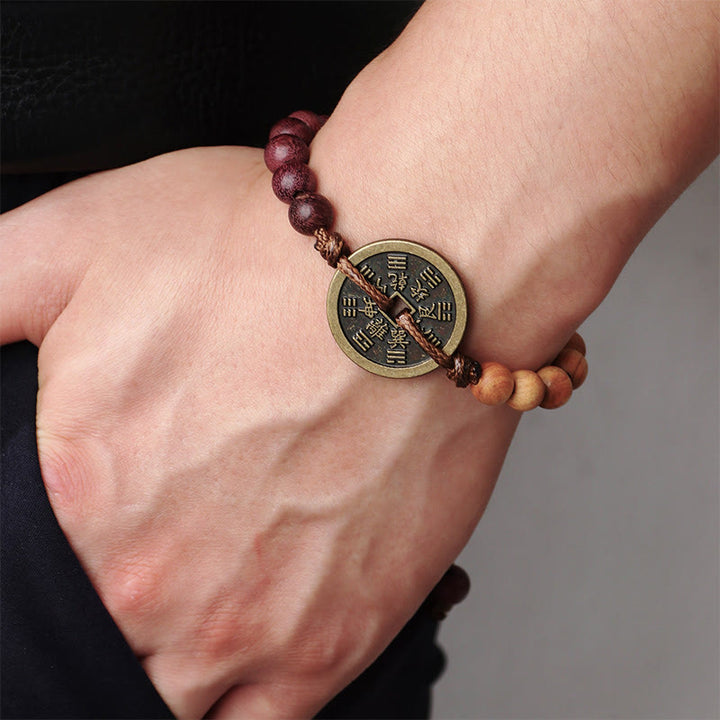 Buddha Stones Ebony Wood Wenge Wood Mountain Ghosts Spend Money Bagua Copper Coin Peace Bracelet - Brown Rope(Wrist Circumference 16-30cm) - image 8