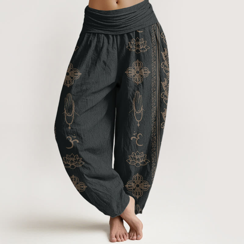 Buddha Stones Lotus Flowers Double Dorje Vajra Namaste Om Design Women's Elastic Waist Harem Pants - Black - US22，UK/AU26，EU54 (6XL) - image 0