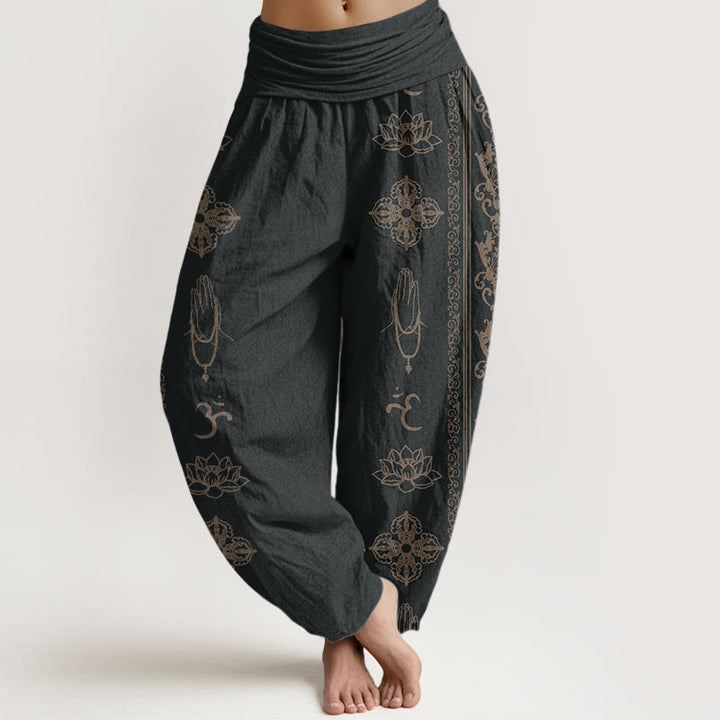 Buddha Stones Lotus Flowers Double Dorje Vajra Namaste Om Design Women's Elastic Waist Harem Pants - Black - US22，UK/AU26，EU54 (6XL) - image 0
