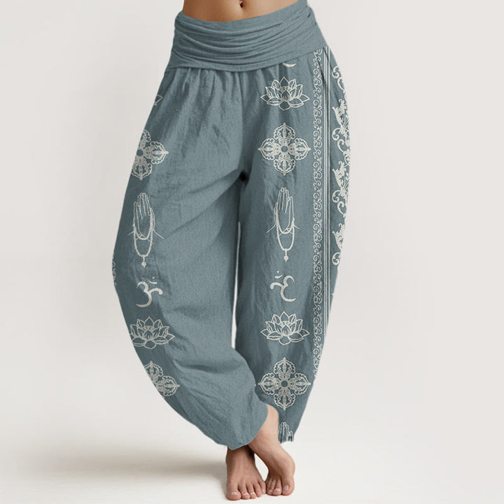 Buddha Stones Lotus Flowers Double Dorje Vajra Namaste Om Design Women's Elastic Waist Harem Pants - CadetBlue - US22，UK/AU26，EU54 (6XL) - image 4