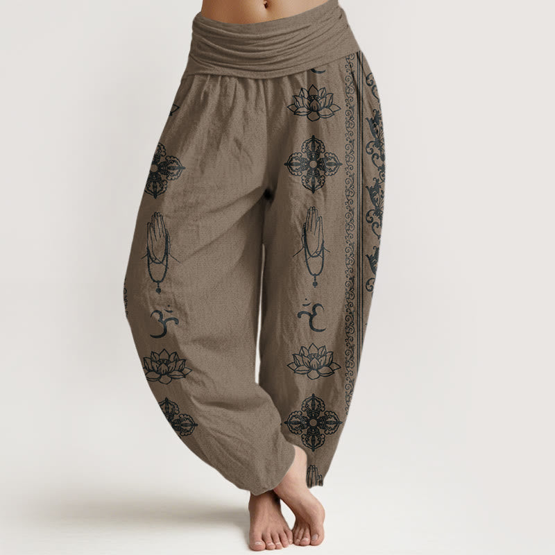 Buddha Stones Lotus Flowers Double Dorje Vajra Namaste Om Design Women's Elastic Waist Harem Pants - DarkKhaki - US22，UK/AU26，EU54 (6XL) - image 7