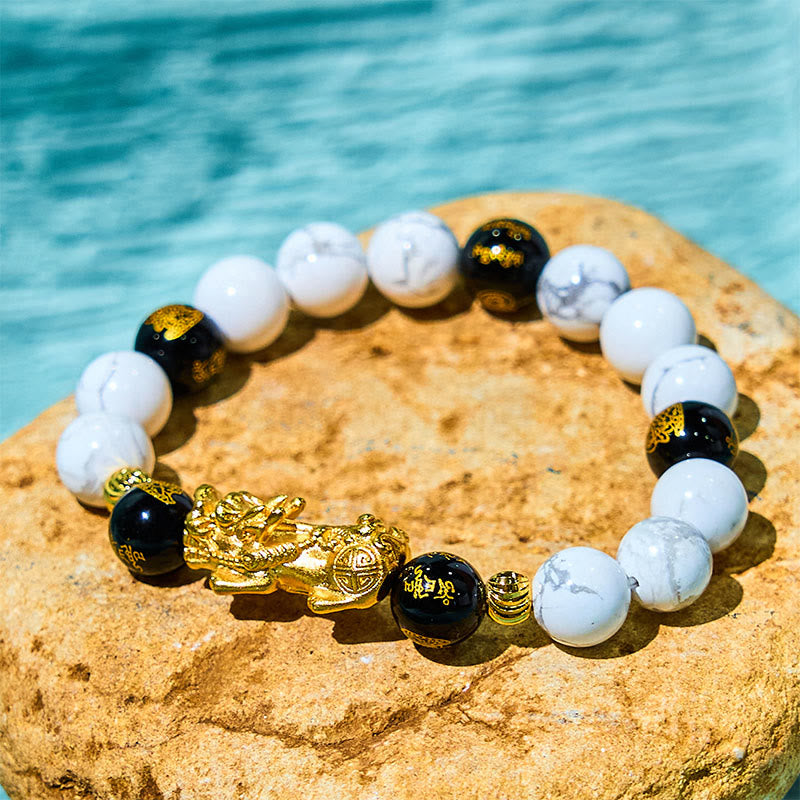 Buddha Stones Vintage White Turquoise Black Onyx Pixiu Beads Blessing Bracelet - White Turquoisep PiXiu (Wrist Circumference: 15-17cm) - image 0