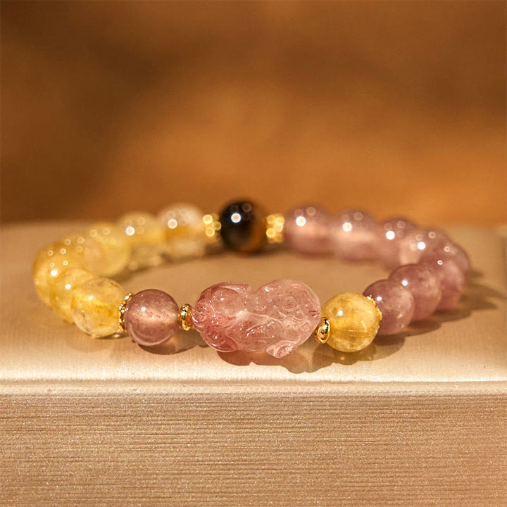 Buddha Stones Strawberry Quartz Pixiu Rutilated Quartz Beads Healing Bracelet - image 1