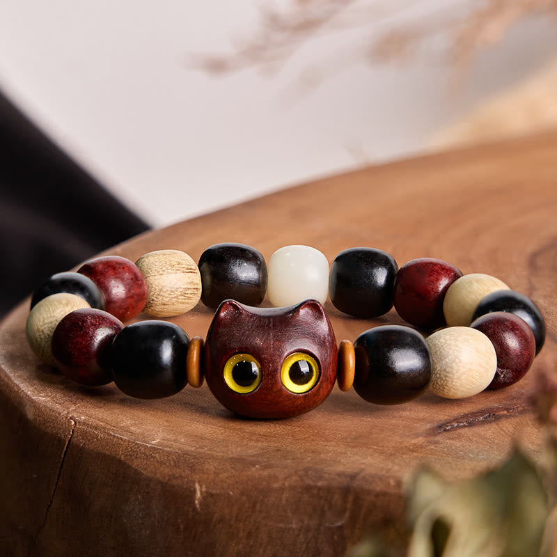 Buddha Stones Small Leaf Red Sandalwood Ebony Wood Cute Cat Engraved Protection Bracelet - Small Leaf Red Sandalwood(Keep away evil spirits♥Protection) - image 0