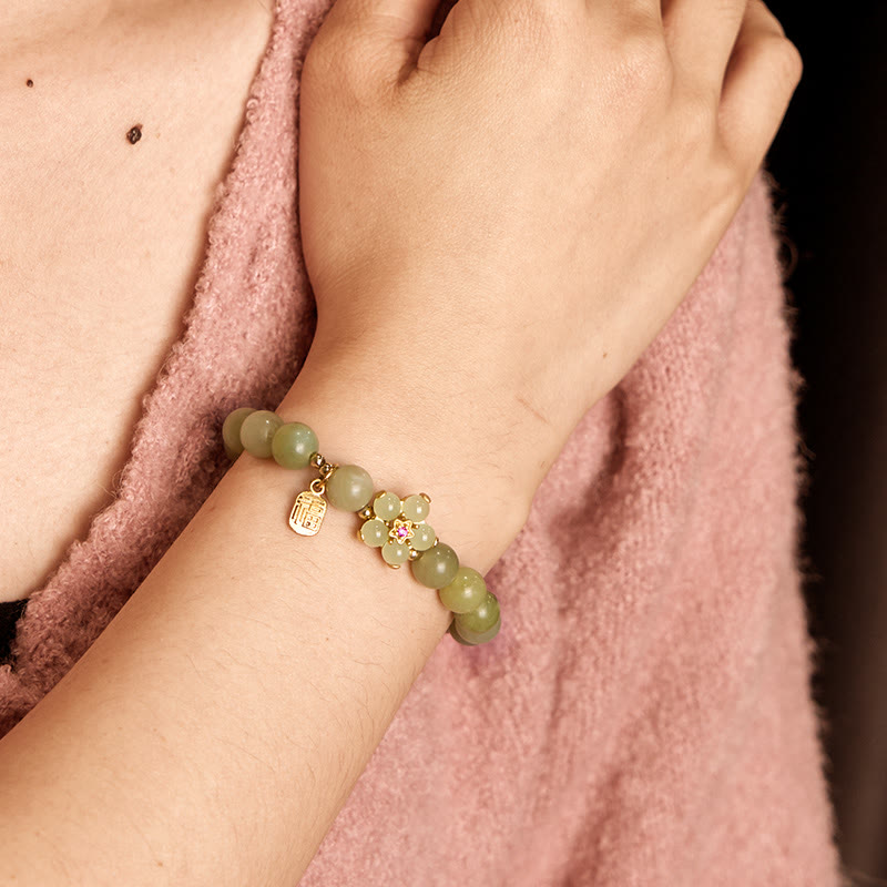 Buddha Stones Green Jade Flower Fu Character Charm Luck Bracelet - image 2