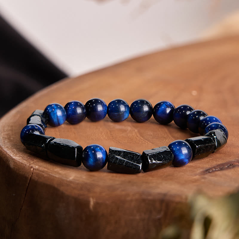 Buddha Stones Blue Tiger Eye Black Tourmaline Strength Bracelet - Blue Tiger Eye Black Tourmaline(Wrist Circumference: 14-16cm) - image 0