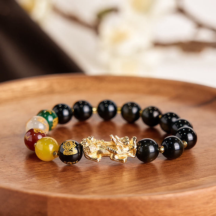 Buddha Stones Natural Gold Sheen Obsidian PiXiu Five Directions Gods of Wealth Protection Bracelet - image 2