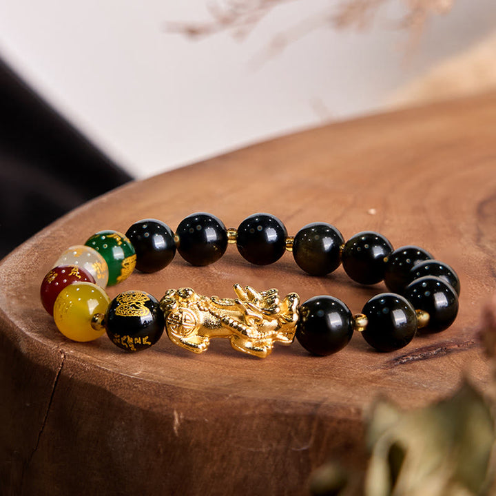 Buddha Stones Natural Gold Sheen Obsidian PiXiu Five Directions Gods of Wealth Protection Bracelet - 10mm(Wrist Circumference 14-16cm) - image 0