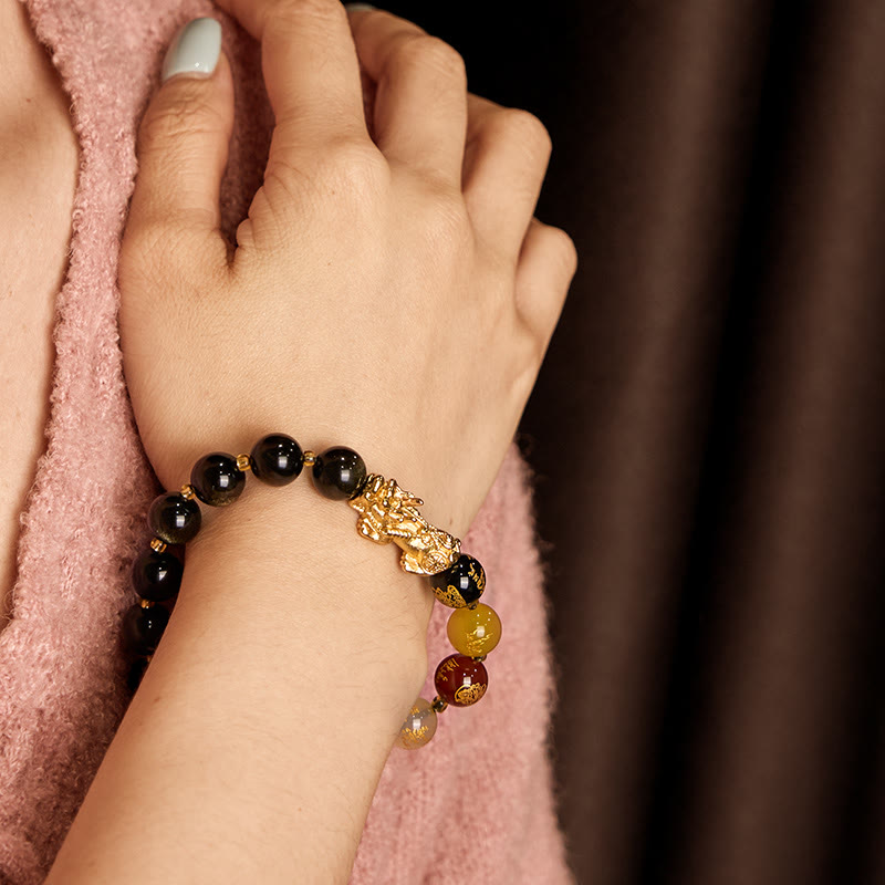 Buddha Stones Natural Gold Sheen Obsidian PiXiu Five Directions Gods of Wealth Protection Bracelet - image 3