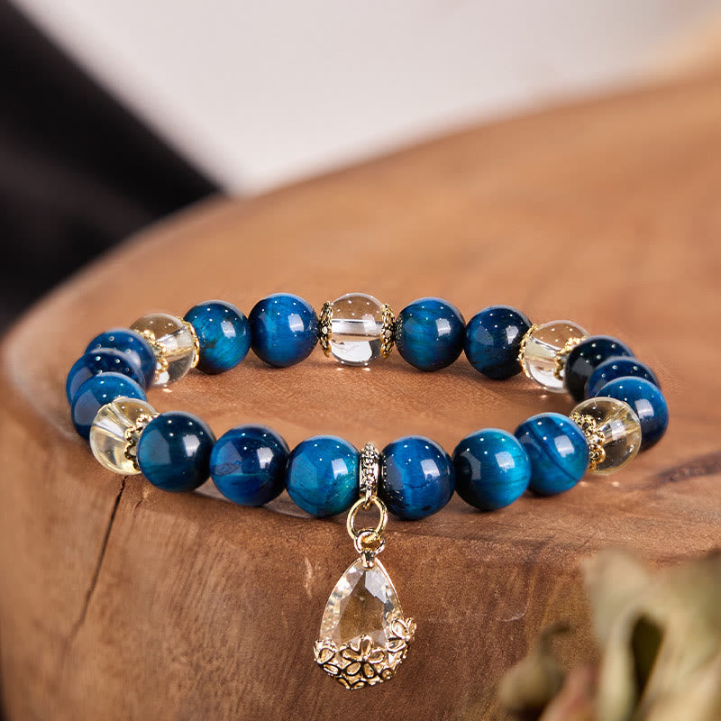 Buddha Stones Blue Tiger Eye White Crystal Water Drop Strength Bracelet - Blue Tiger Eye White Crystal (Wrist Circumference: 15-16cm) - image 0
