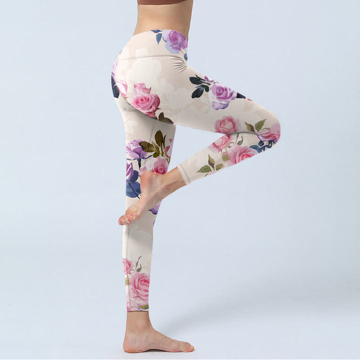 Buddha Stones Beige Rose Flowers Print Gym Leggings Women's Yoga Pants - image 3
