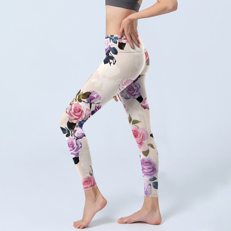 Buddha Stones Beige Rose Flowers Print Gym Leggings Women's Yoga Pants - image 2