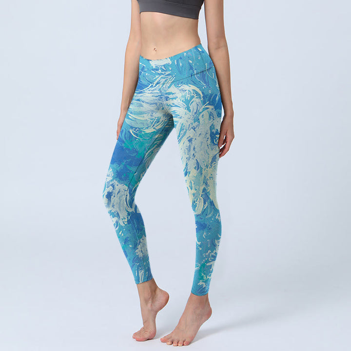 Buddha Stones Blue Abstract Oil Paint Water Pattern Print Gym Leggings Women's Yoga Pants - DeepSkyBlue - US18，UK/AU22，EU50 (4XL) - image 0