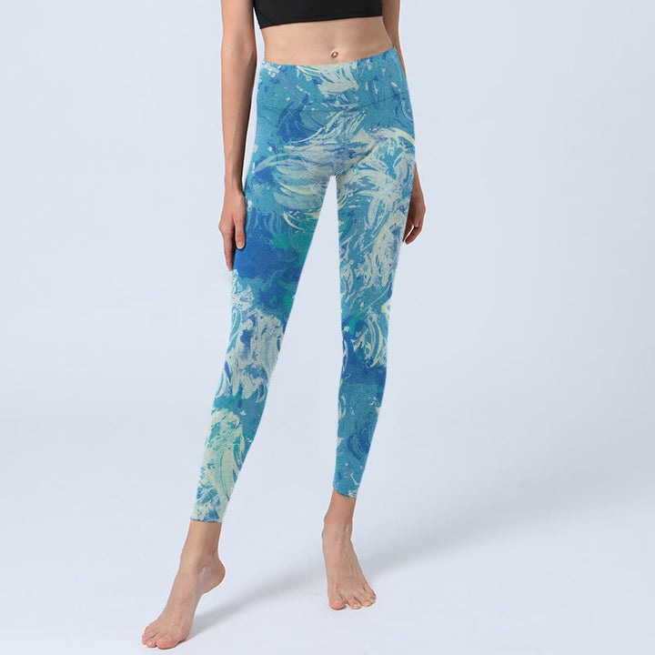 Buddha Stones Blue Abstract Oil Paint Water Pattern Print Gym Leggings Women's Yoga Pants - image 5