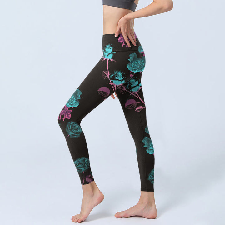 Buddha Stones Black Rose Leaves Pattern Print Gym Leggings Women's Yoga Pants - image 2
