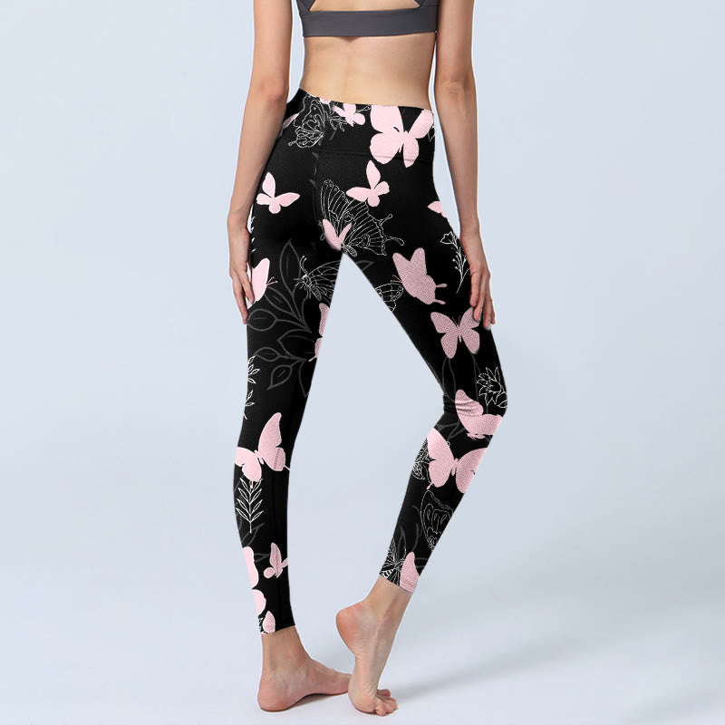 Buddha Stones Black Butterfly Plant Lines Pattern Print Gym Leggings Women's Yoga Pants - image 4