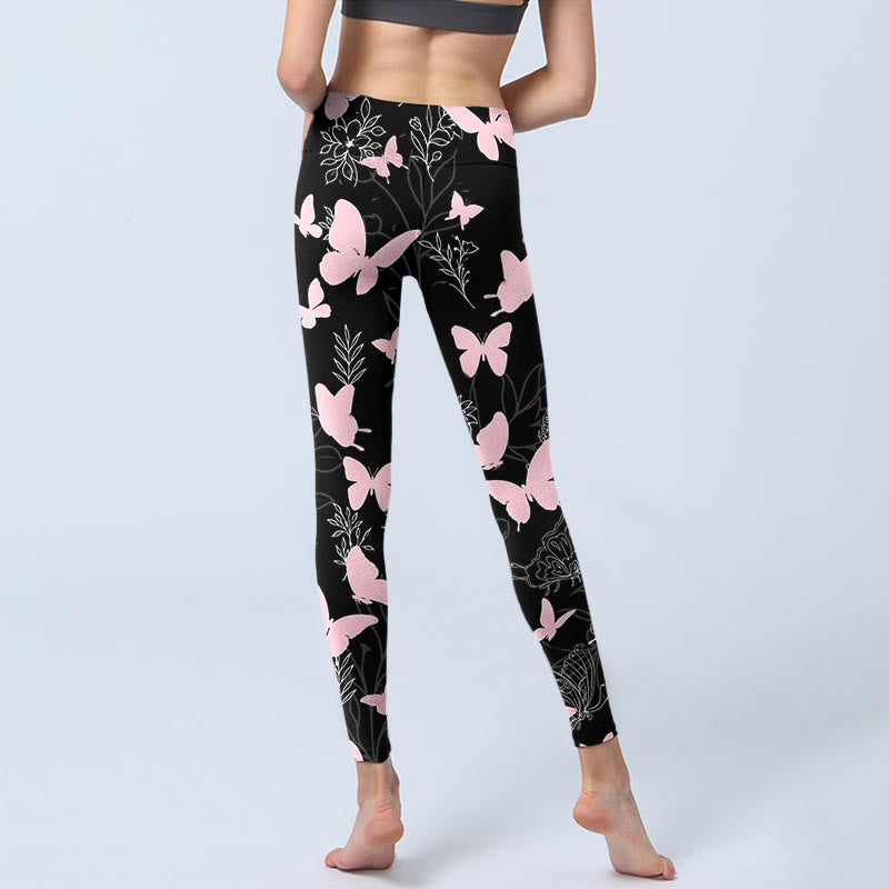 Buddha Stones Black Butterfly Plant Lines Pattern Print Gym Leggings Women's Yoga Pants - image 6