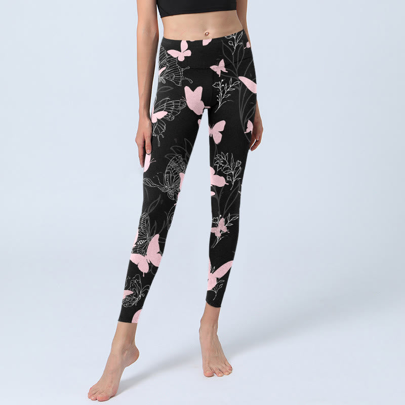 Buddha Stones Black Butterfly Plant Lines Pattern Print Gym Leggings Women's Yoga Pants - image 5