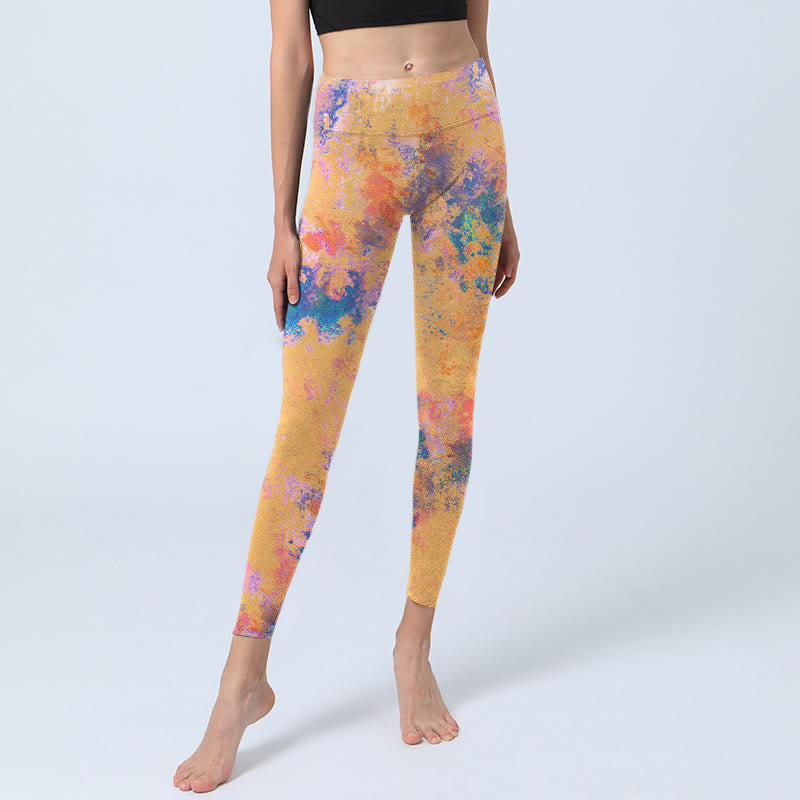 Buddha Stones Bright Yellow Abstract Watercolor Pattern Print Gym Leggings Women's Yoga Pants - image 5