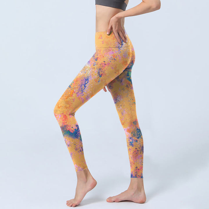 Buddha Stones Bright Yellow Abstract Watercolor Pattern Print Gym Leggings Women's Yoga Pants - image 2