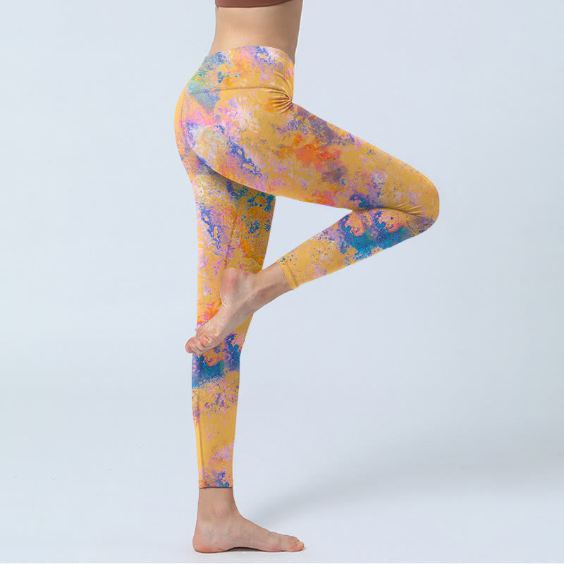 Buddha Stones Bright Yellow Abstract Watercolor Pattern Print Gym Leggings Women's Yoga Pants - image 3