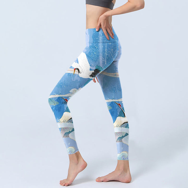 Buddha Stones Mountain Auspicious Cloud Red-crowned Crane Pattern Print Gym Leggings Women's Yoga Pants - image 2
