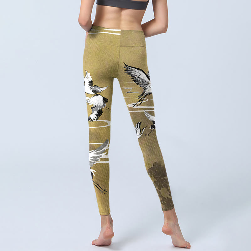 Buddha Stones Trees Cloud Red-crowned Crane Pattern Print Gym Leggings Women's Yoga Pants - image 6